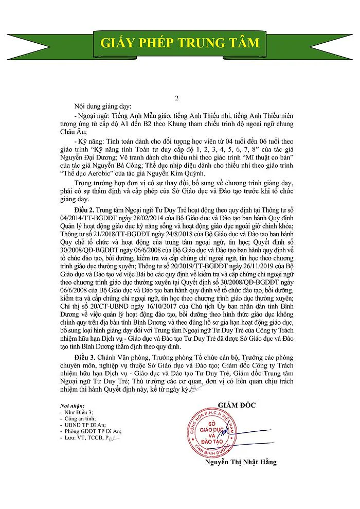 Giấy phép trung tâm trang 1